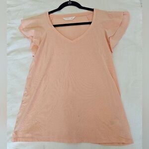 LC Lauren Conrad V Neck Flutter Sleeve Feminine Top, Peach, Size L